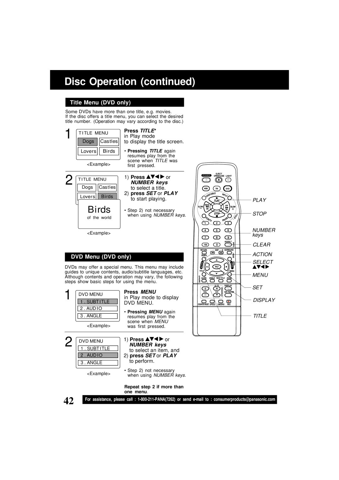 Panasonic PV-D4761 Disc Operation, Title Menu DVD only, DVD Menu DVD only, Press SET or Play to perform 