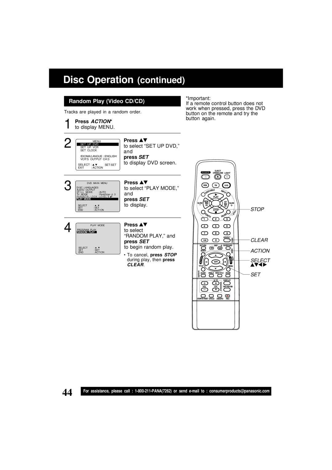 Panasonic PV-D4761 Random Play Video CD/CD, To select SET UP DVD, To select Play Mode, To begin random play 