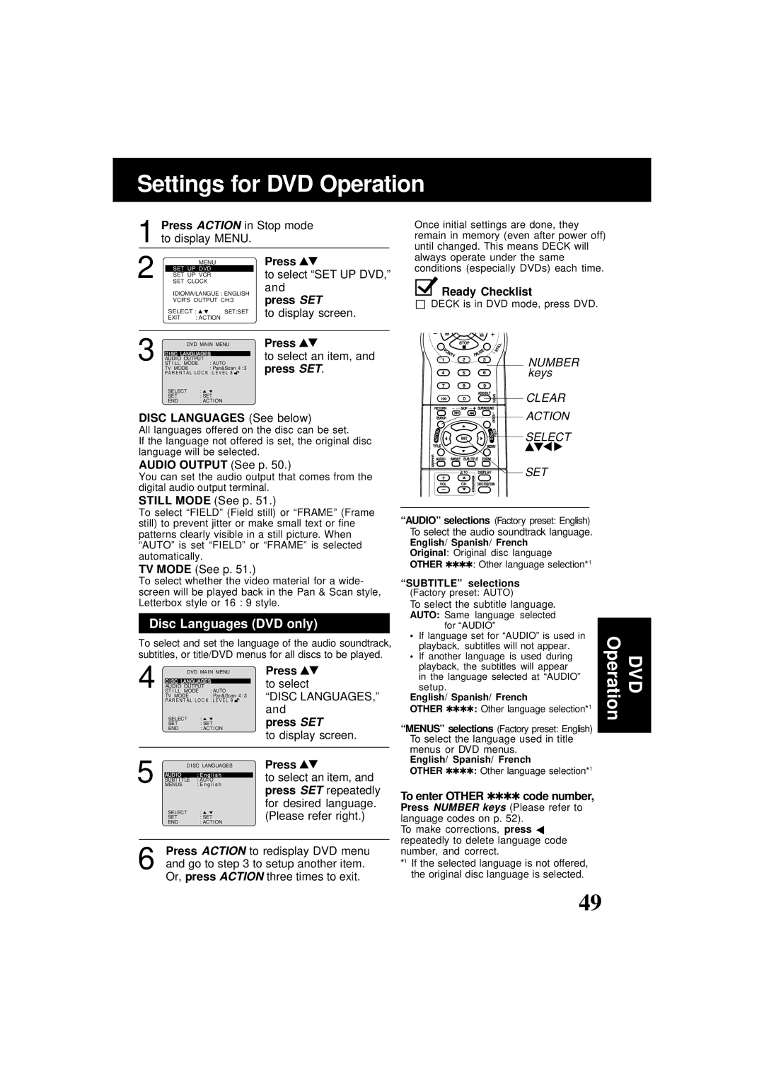 Panasonic PV-D4761 Settings for DVD Operation, Disc Languages DVD only, Disc Languages See below, Audio Output See p 