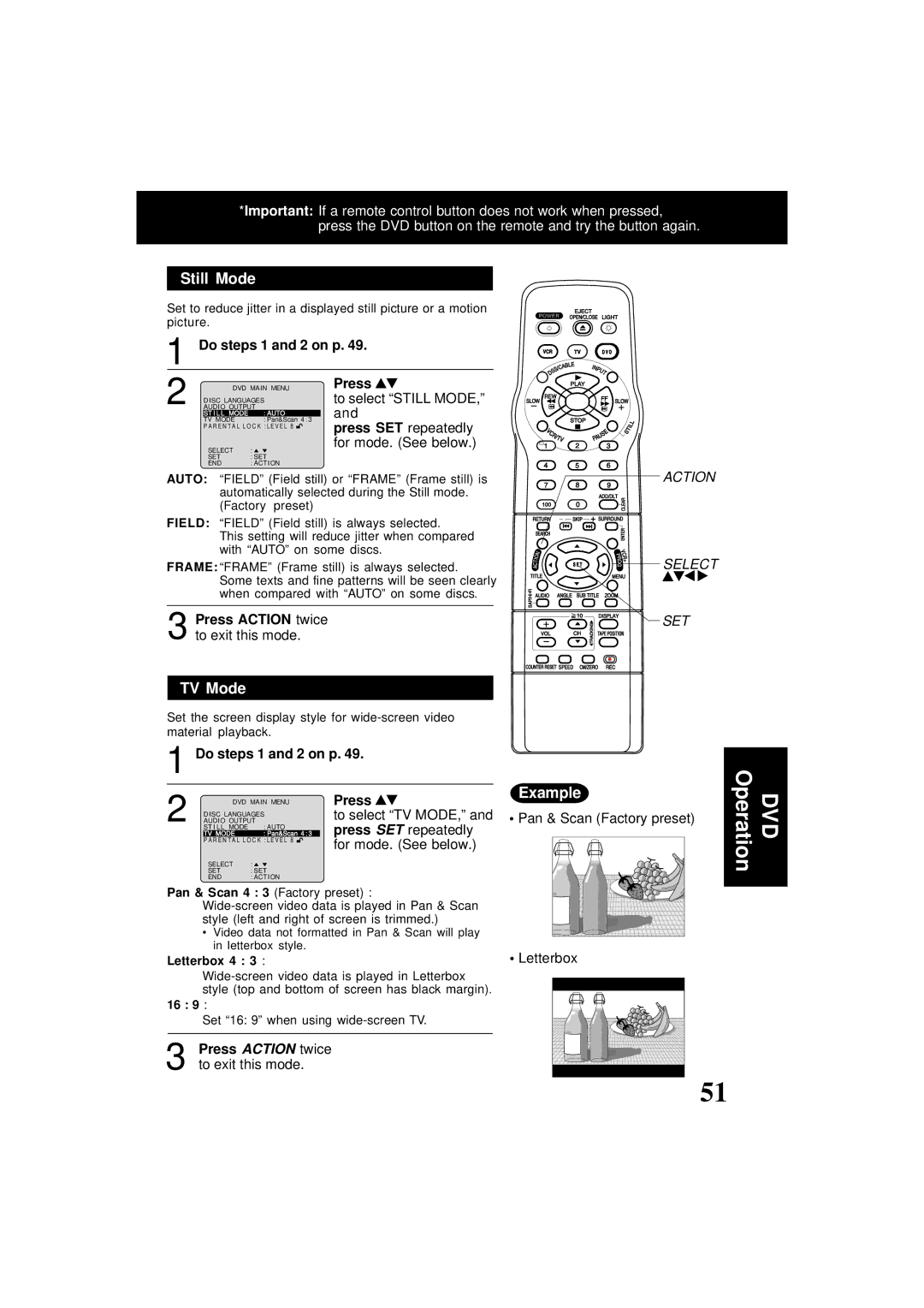 Panasonic PV-D4761 operating instructions Still Mode, TV Mode, Example, DVD Operation, Press Action twice to exit this mode 