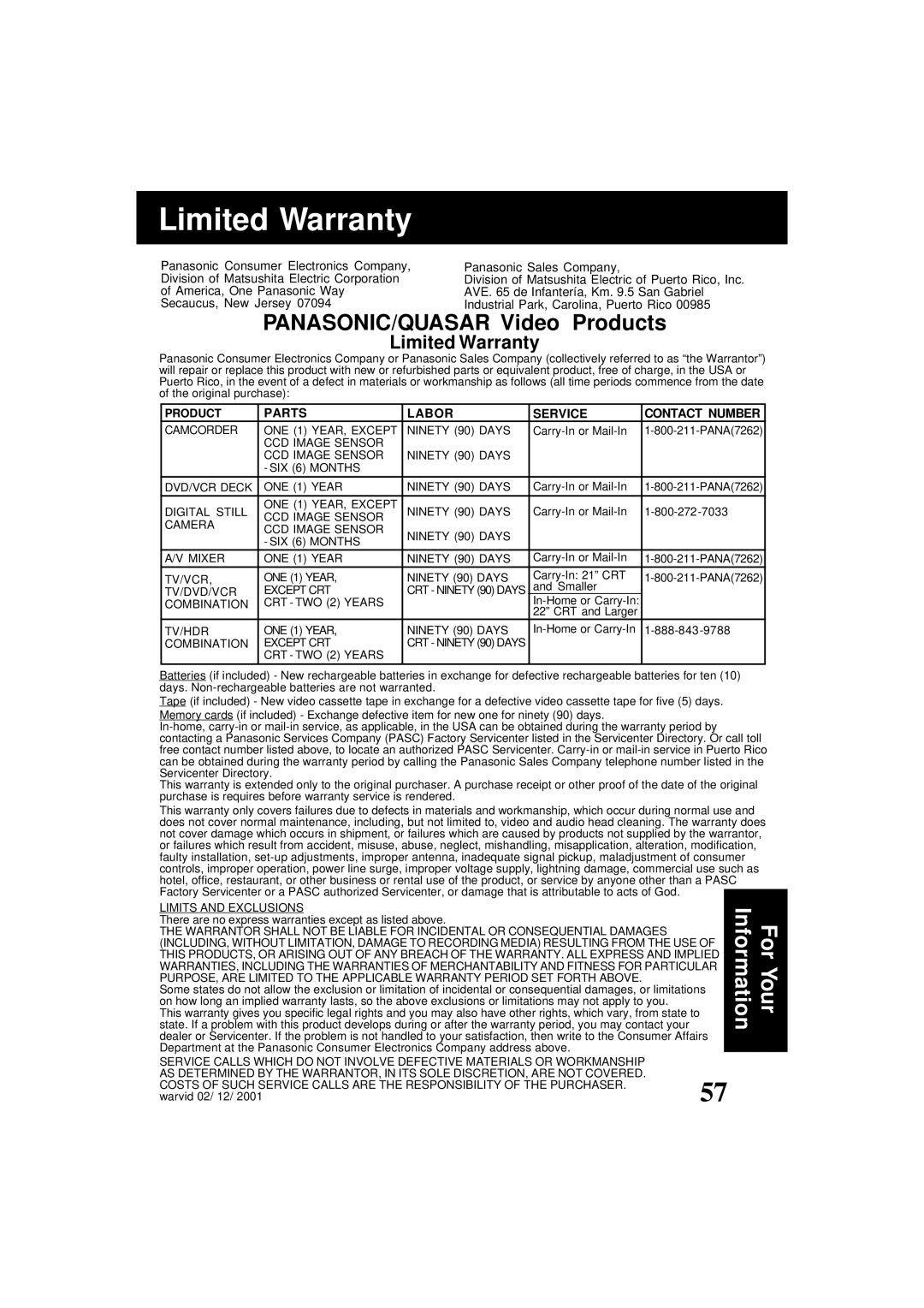 Panasonic PV-D4761 operating instructions Limited Warranty 