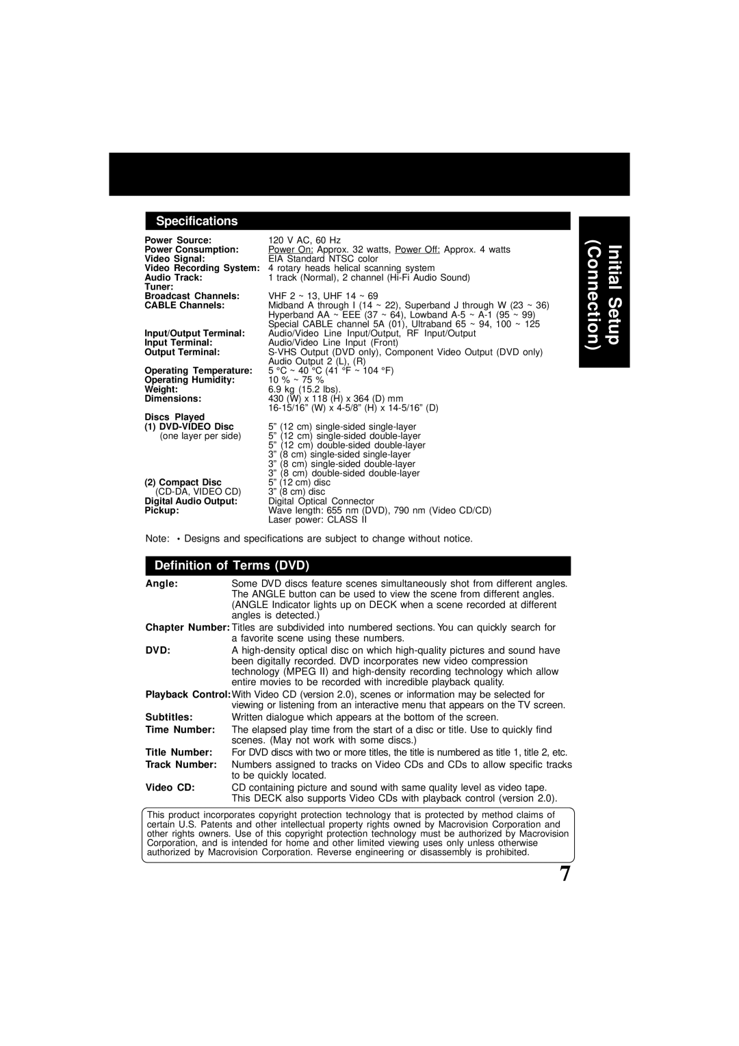 Panasonic PV-D4761 operating instructions Specifications, Definition of Terms DVD 