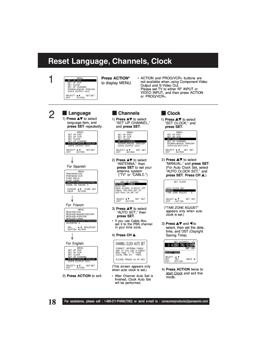 Panasonic PV-D4761 Reset Language, Channels, Clock, to display MENU, Press ACTION to exit, Press CH 