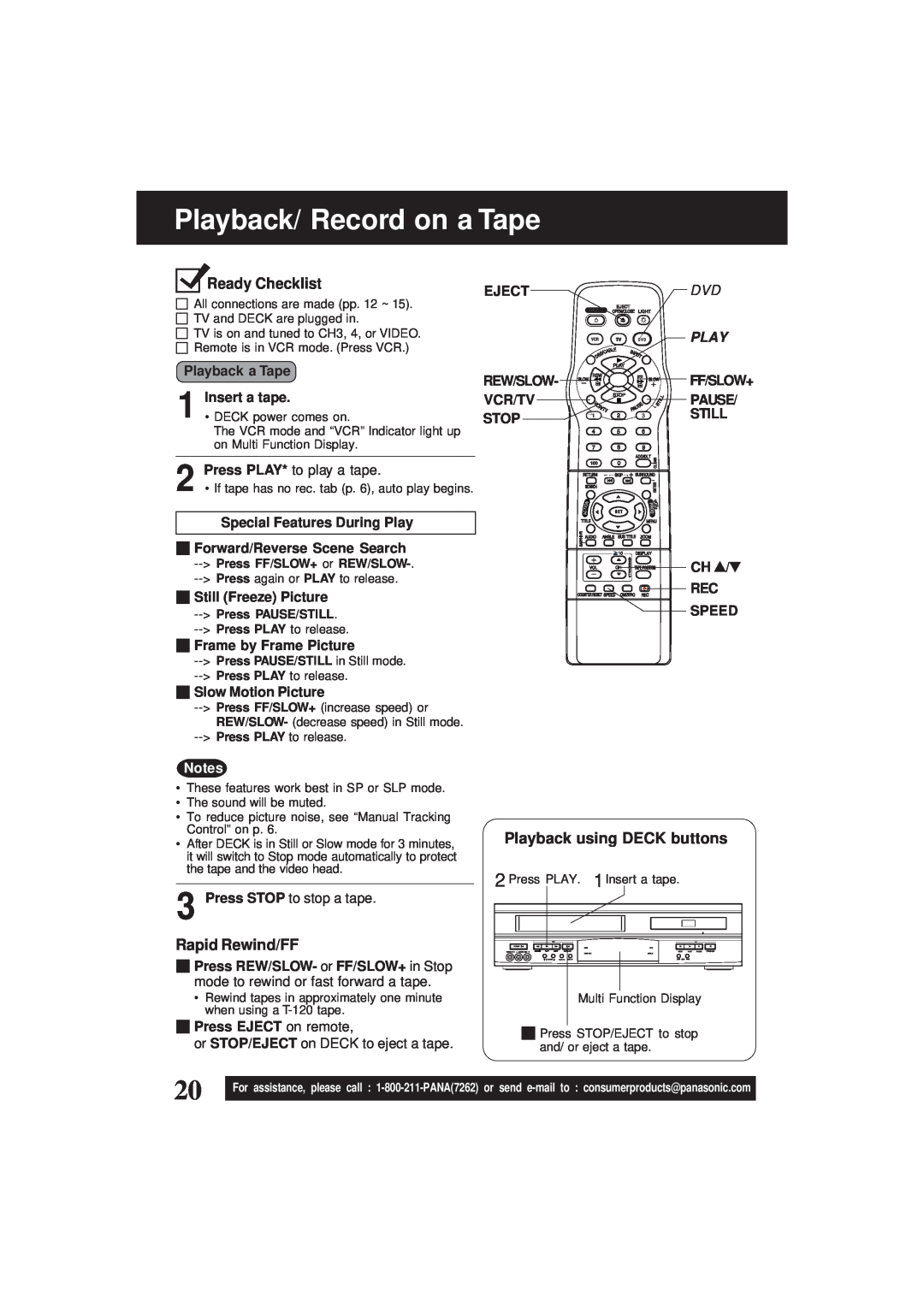 Panasonic PV-D4761 Playback/ Record on a Tape, Ready Checklist, Rapid Rewind/FF, Playback using DECK buttons, Eject 