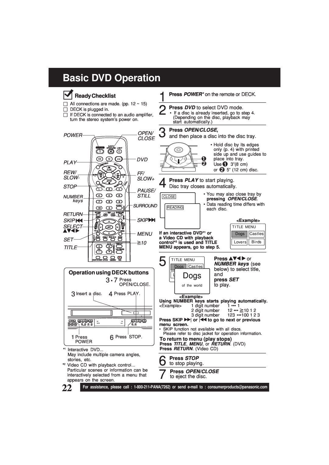 Panasonic PV-D4761 Basic DVD Operation, Ready Checklist, Operation using DECK buttons, Press, below to select title 