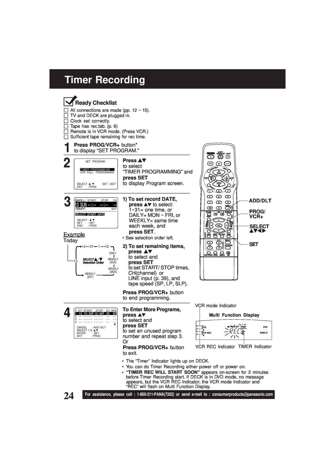 Panasonic PV-D4761 Timer Recording, Ready Checklist, Example, Press PROG/VCR+ button, to display “SET PROGRAM.”, to select 