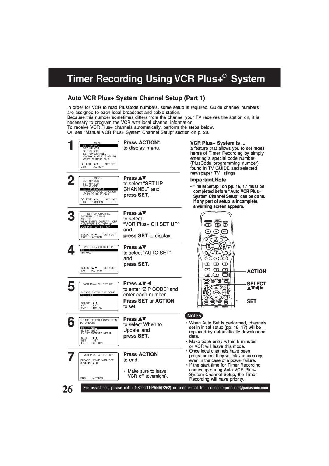Panasonic PV-D4761 Timer Recording Using VCR Plus+ System, Auto VCR Plus+ System Channel Setup Part, Press ACTION 
