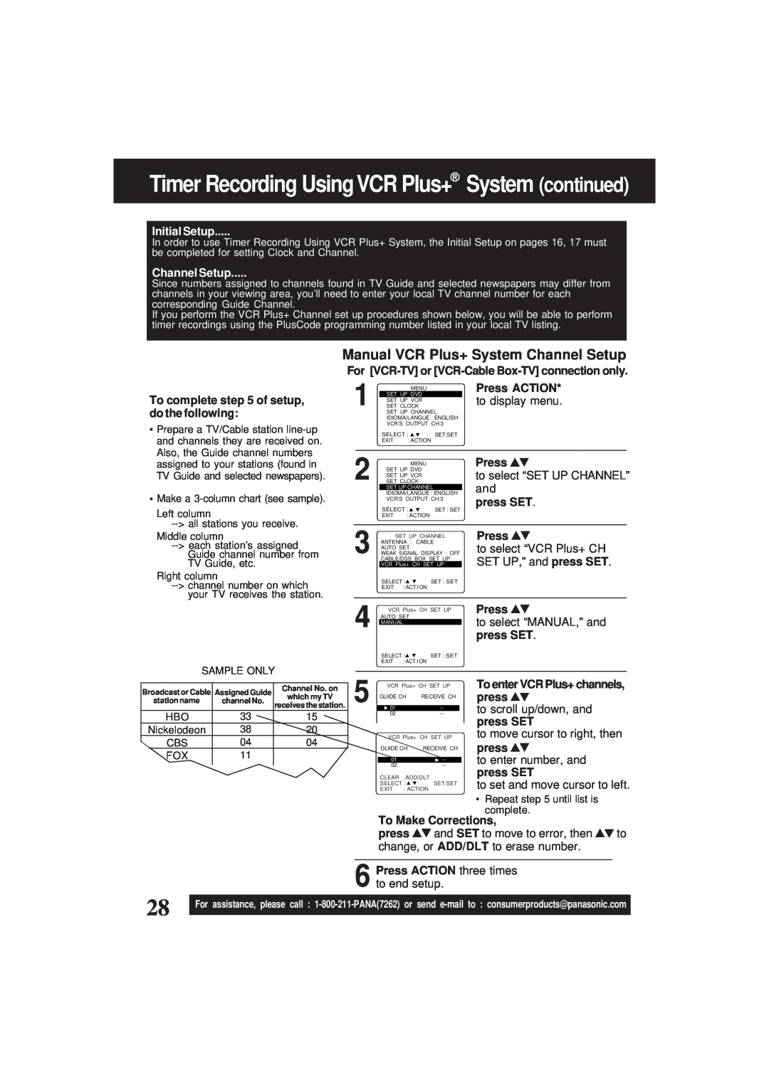 Panasonic PV-D4761 Timer Recording UsingVCR Plus+ System continued, Manual VCR Plus+ System Channel Setup, Press ACTION 