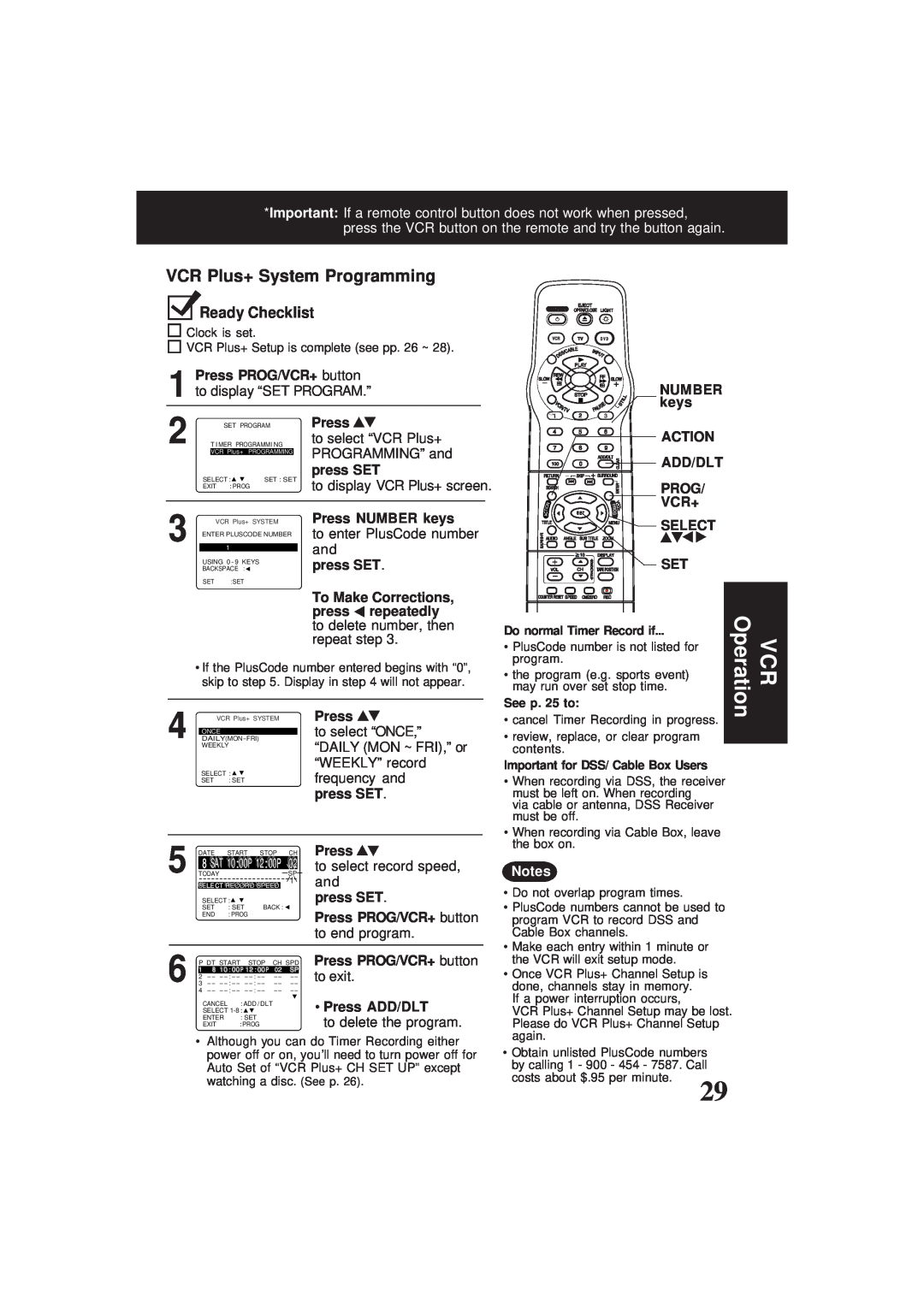 Panasonic PV-D4761 VCR Plus+ System Programming, Ready Checklist, Press PROG/VCR+ button to display “SET PROGRAM.” 