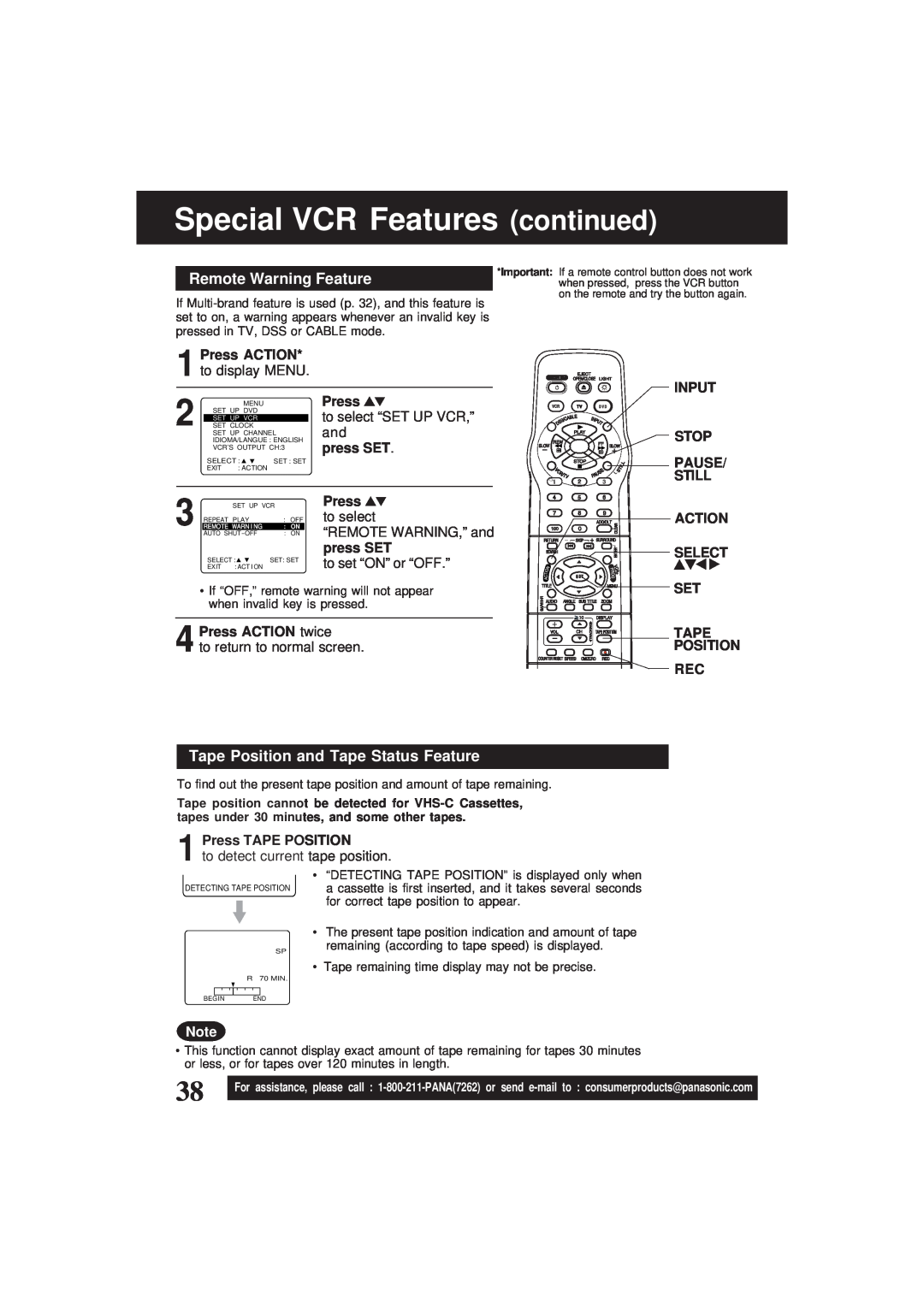 Panasonic PV-D4761 Special VCR Features continued, Tape Position and Tape Status Feature, Press ACTION, to display MENU 