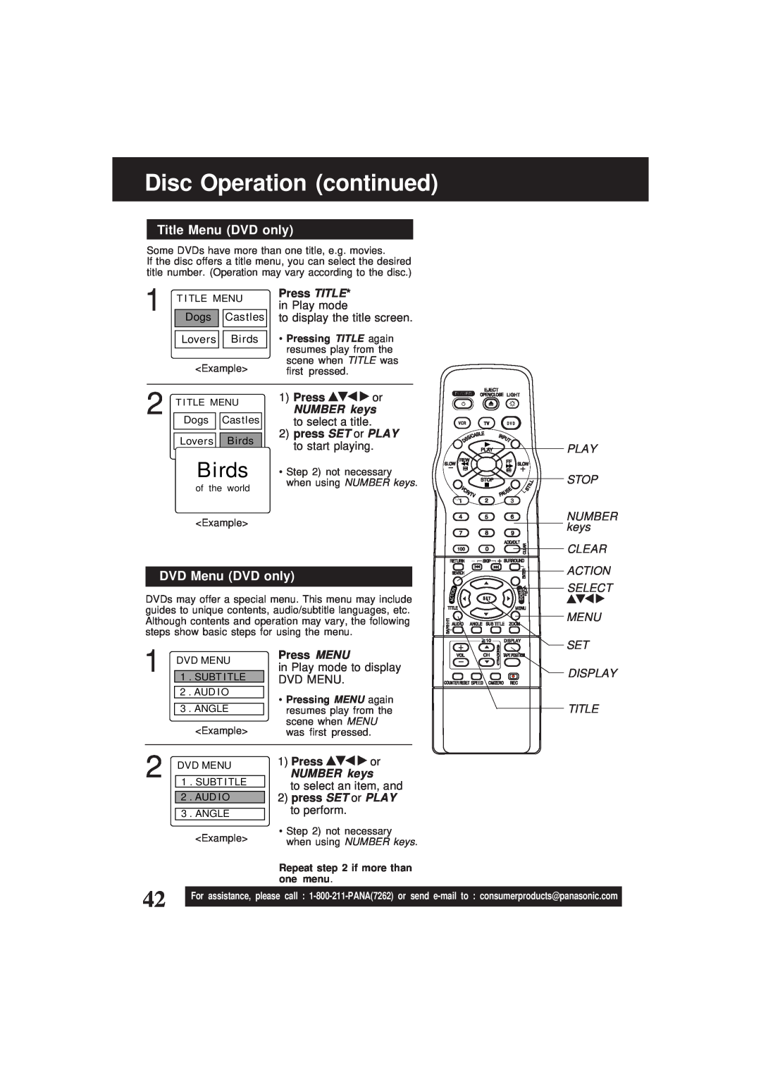 Panasonic PV-D4761 Disc Operation continued, Birds, Title Menu DVD only, DVD Menu DVD only, Press TITLE* in Play mode 