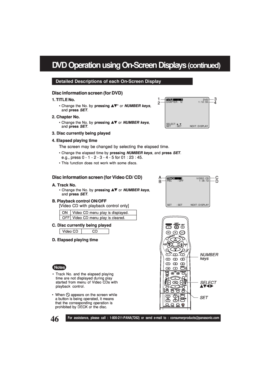 Panasonic PV-D4761 DVD Operation using On-Screen Displays continued, Detailed Descriptions of each On-Screen Display 