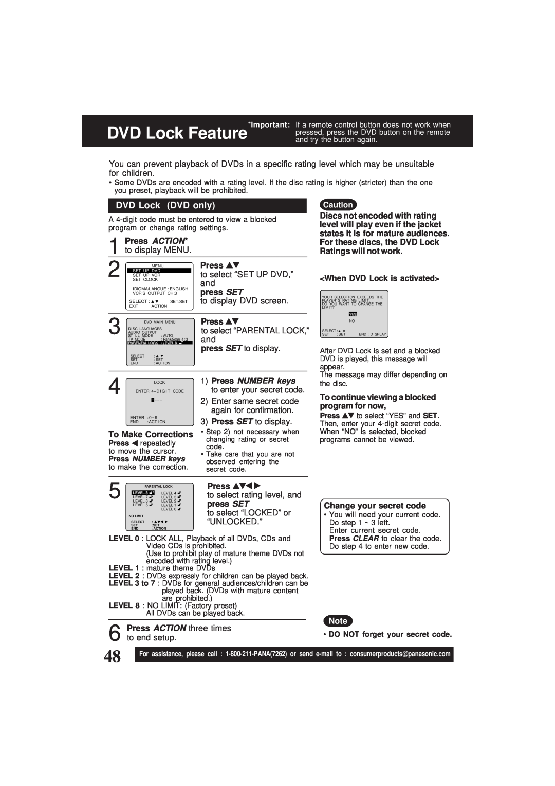 Panasonic PV-D4761 DVD Lock DVD only, Press ACTION, press SET, When DVD Lock is activated, To Make Corrections 