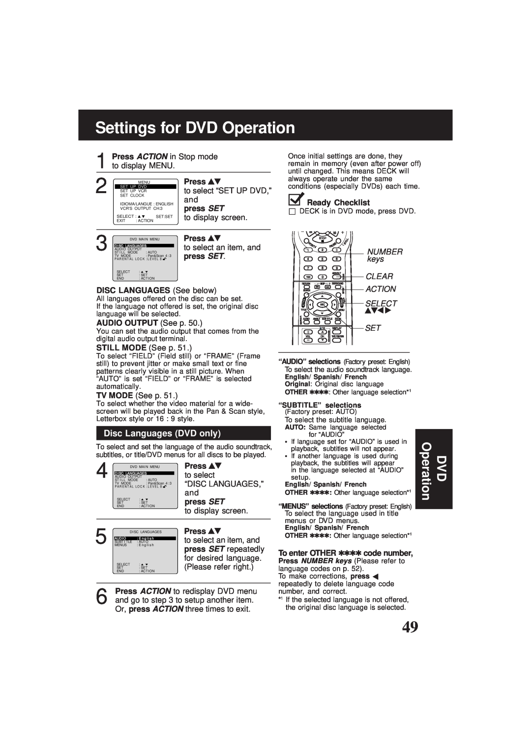 Panasonic PV-D4761 Settings for DVD Operation, Disc Languages DVD only, Press, press SET, DISC LANGUAGES See below 
