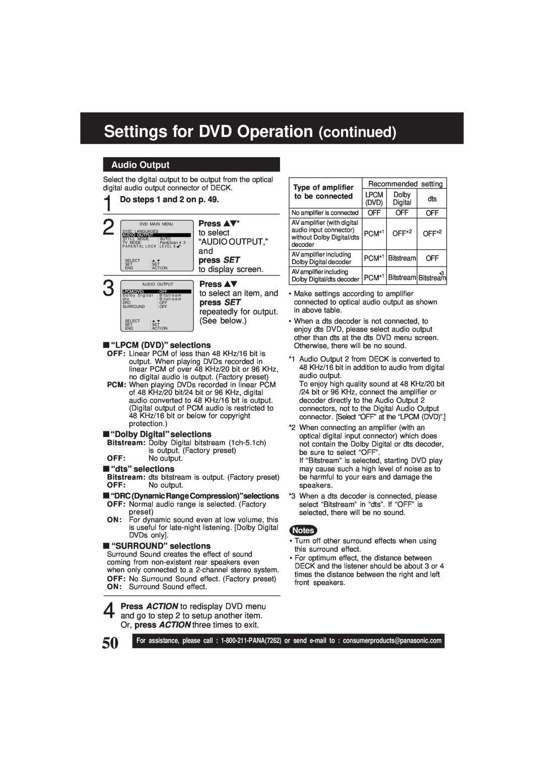 Panasonic PV-D4761 Settings for DVD Operation continued, Audio Output, Do steps 1 and 2 on p, Press, to select, press SET 
