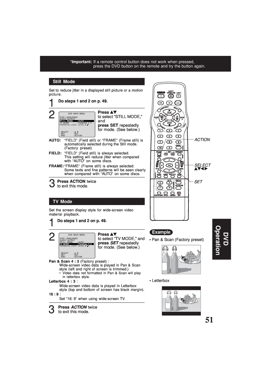 Panasonic PV-D4761 Still Mode, TV Mode, Example, Do steps 1 and 2 on p, Press, press SET repeatedly, for mode. See below 