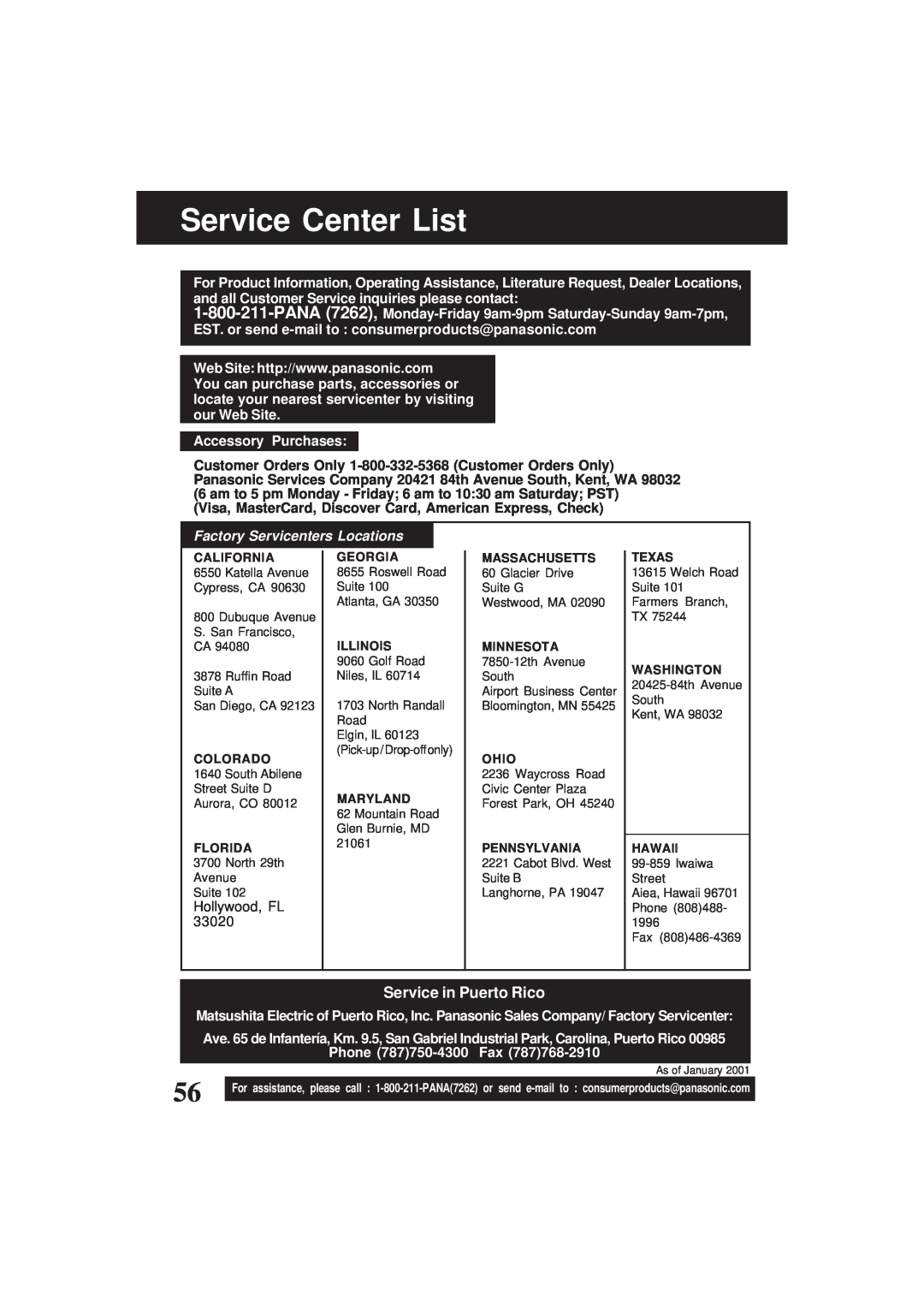 Panasonic PV-D4761 Service Center List, Service in Puerto Rico, Visa, MasterCard, Discover Card, American Express, Check 