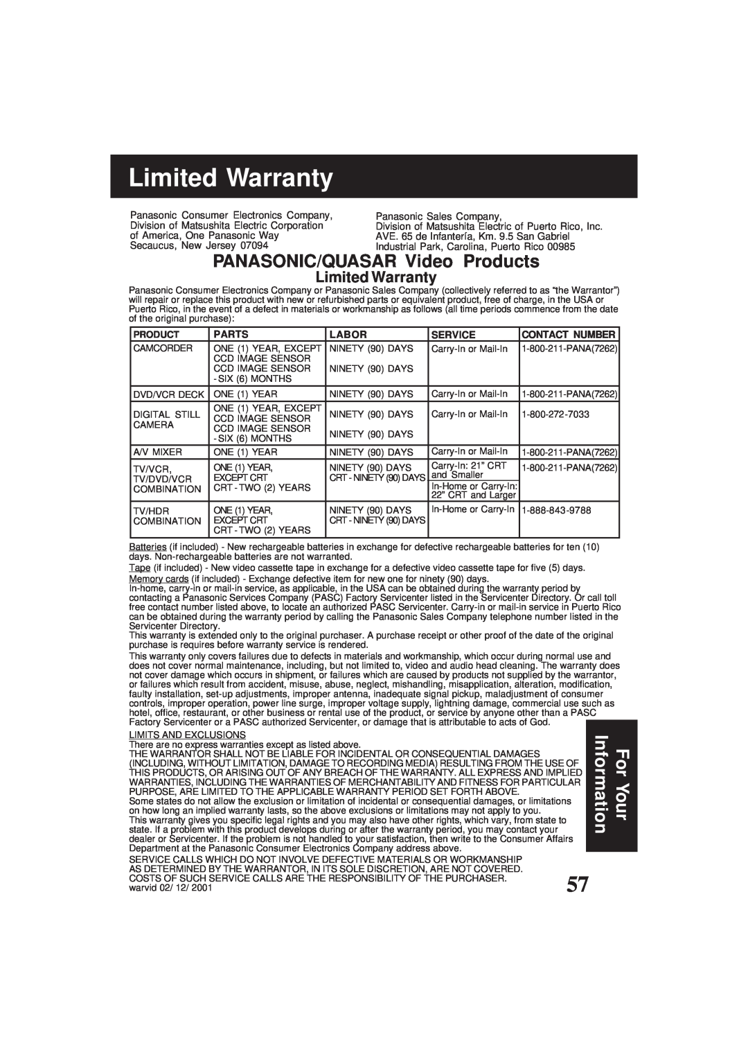 Panasonic PV-D4761 Limited Warranty, For Your Information, PANASONIC/QUASAR Video Products, Parts, Labor, Service 