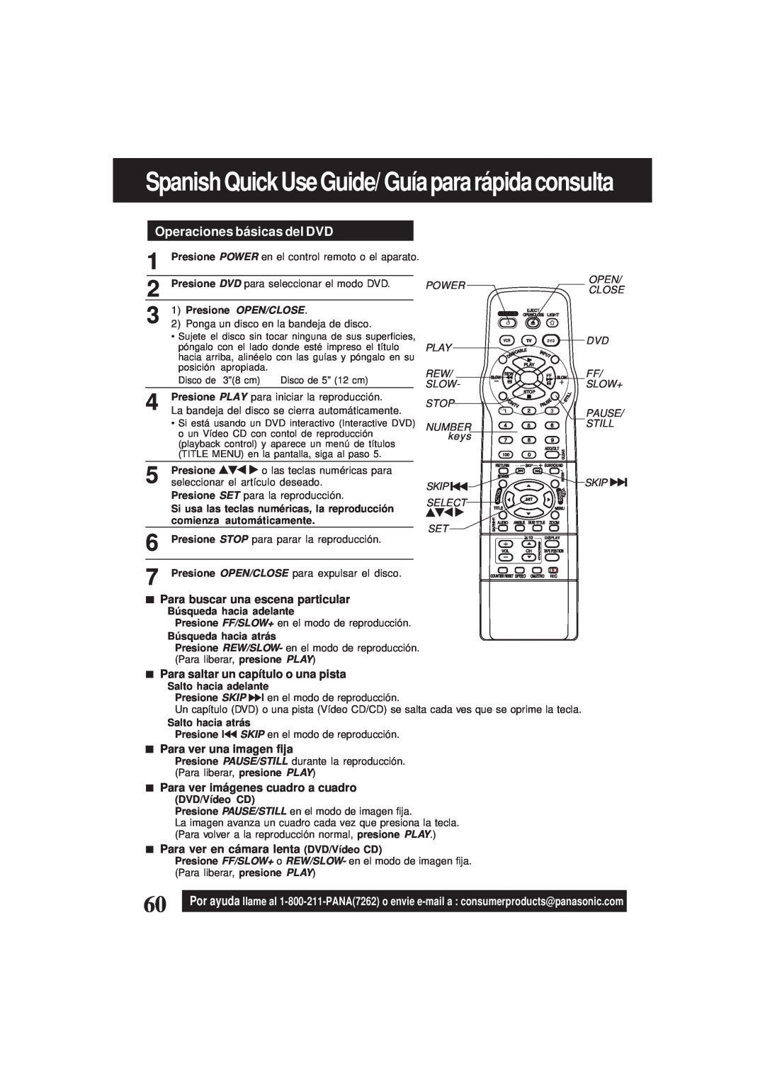 Panasonic PV-D4761 Spanish Quick Use Guide/ Guía para rápida consulta, Operaciones bá sicas del DVD, Presione OPEN/CLOSE 
