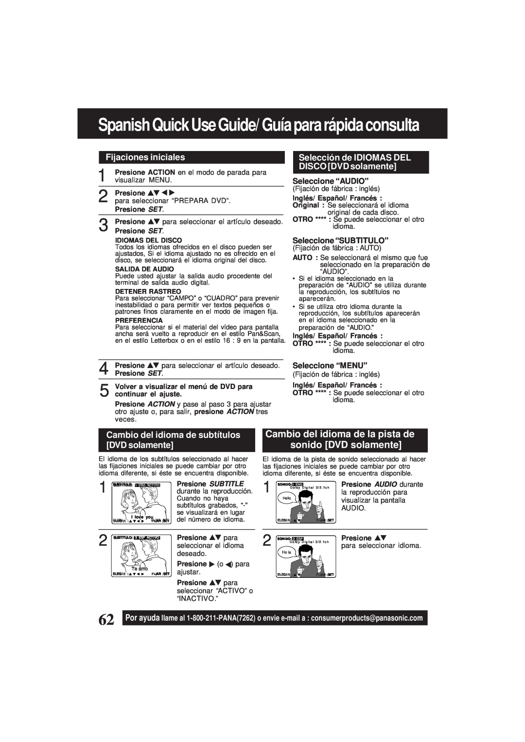 Panasonic PV-D4761 Spanish Quick Use Guide/ Guía para rápida consulta, Fijaciones iniciales, Seleccione “AUDIO”, Presione 