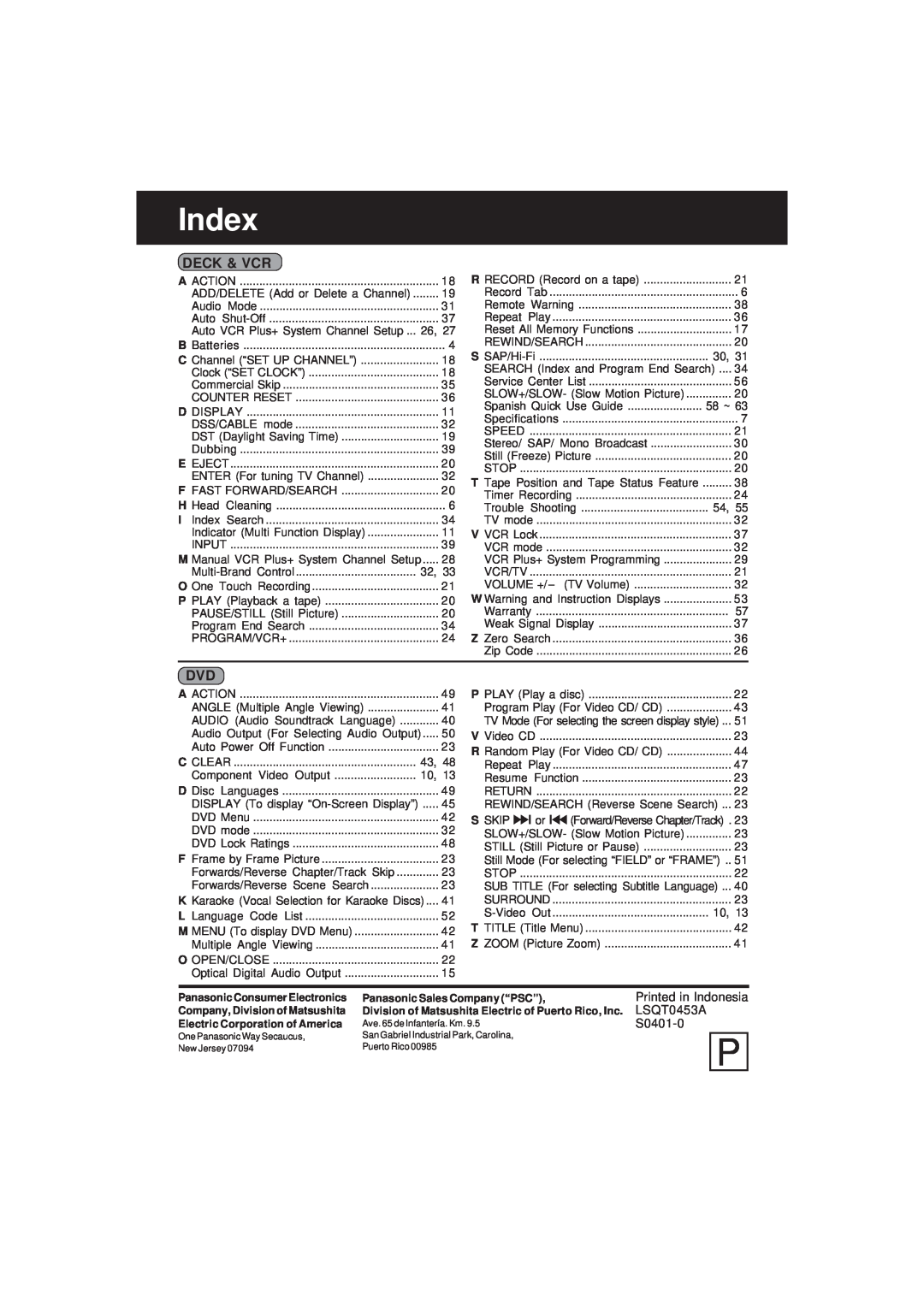 Panasonic PV-D4761 operating instructions Index, Deck & Vcr 