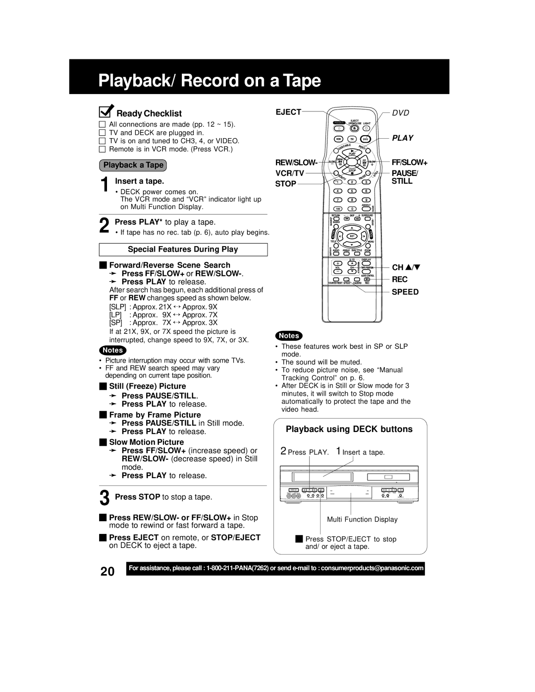 Panasonic PV-D4762 operating instructions Tape, Ready Checklist, Playback using Deck buttons 