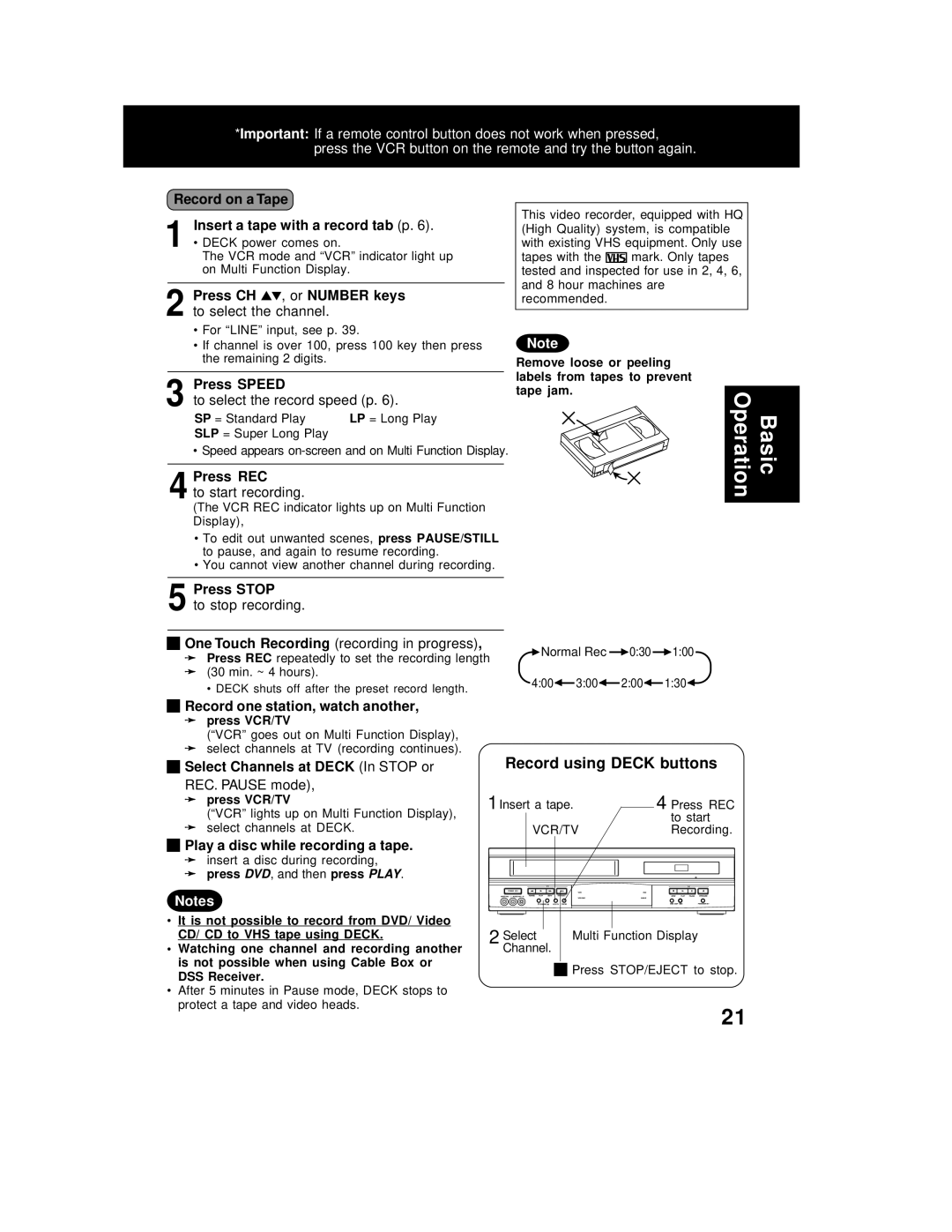 Panasonic PV-D4762 operating instructions Record using Deck buttons 