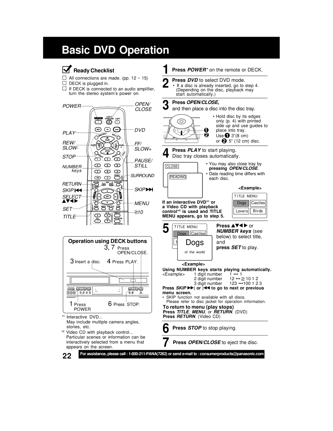 Panasonic PV-D4762 Basic DVD Operation, Operation using Deck buttons, Press, To play, To return to menu play stops 