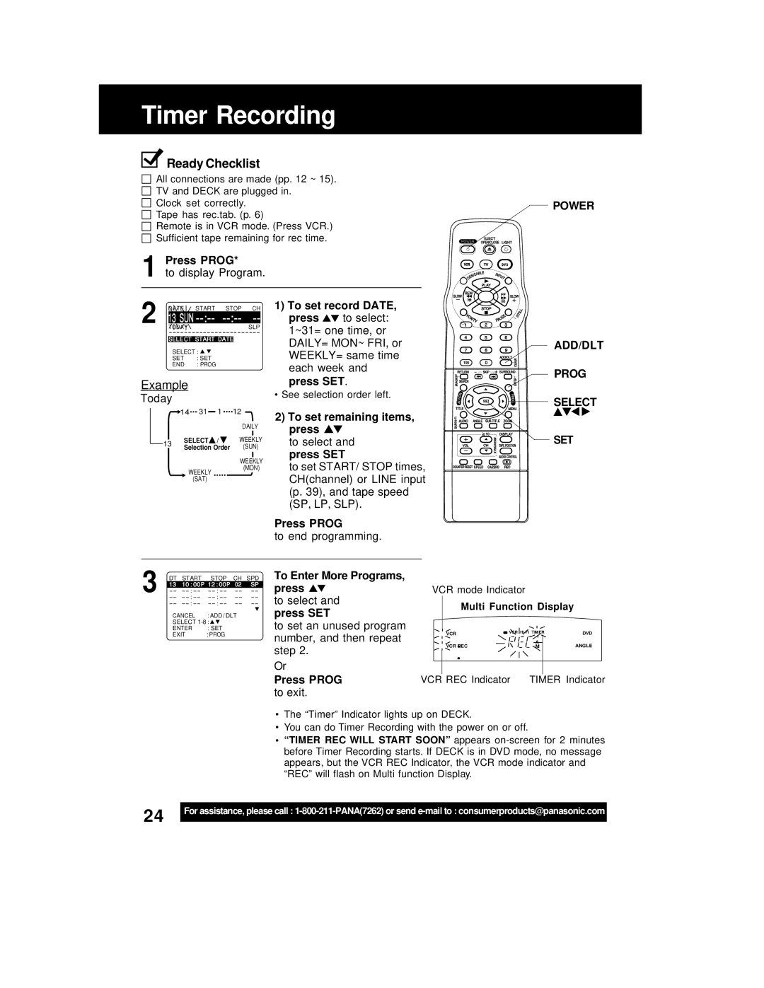 Panasonic PV-D4762 operating instructions Timer Recording, Power, ADD/DLT Prog Select SET 