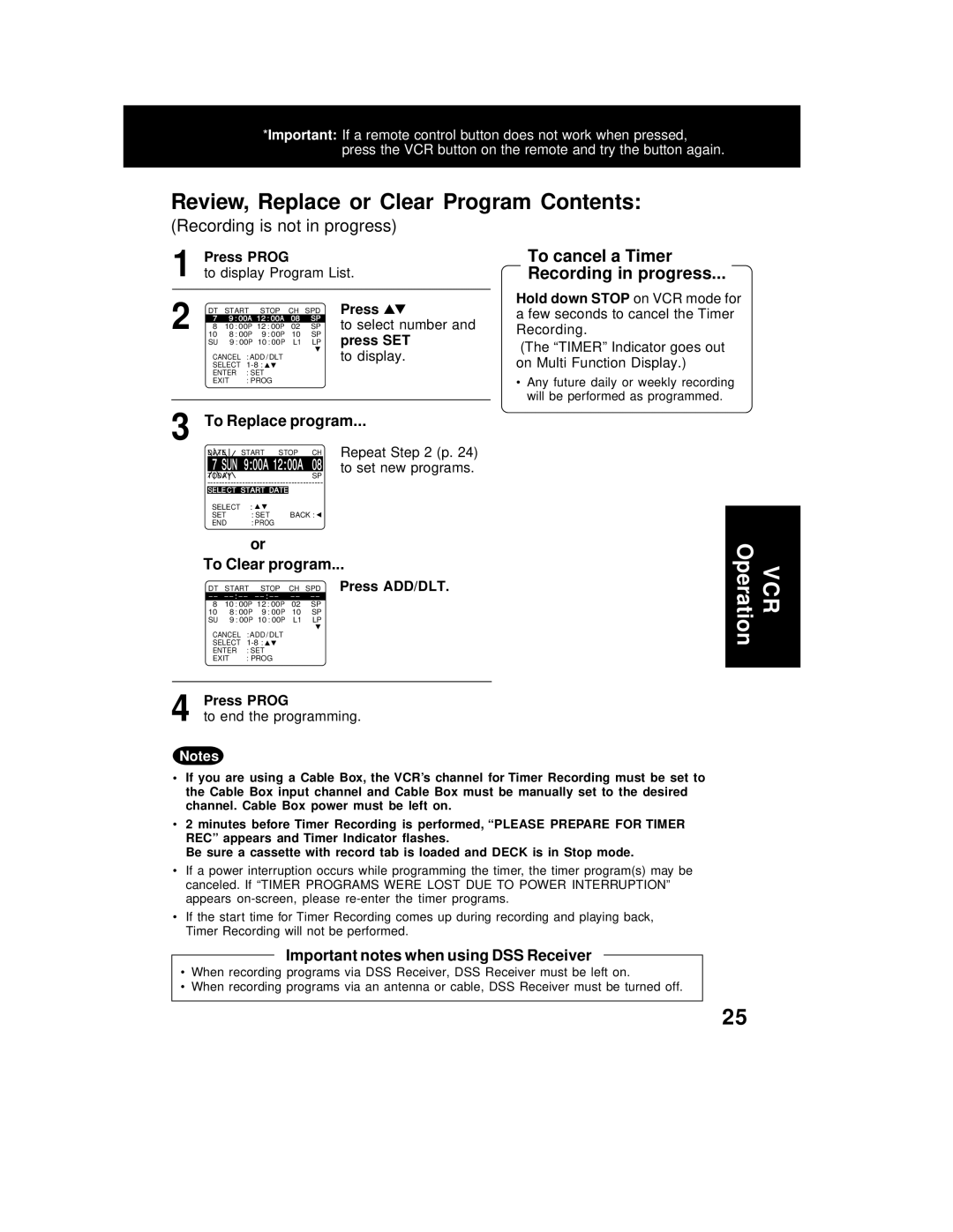 Panasonic PV-D4762 operating instructions Review, Replace or Clear Program Contents, To Replace program, To Clear program 