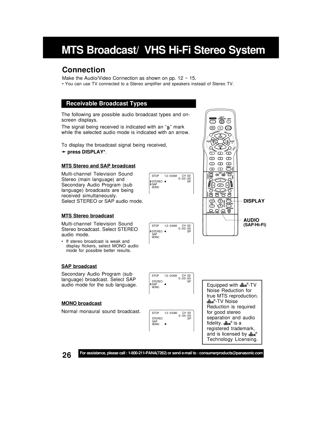 Panasonic PV-D4762 operating instructions Receivable Broadcast Types, Display, Audio 