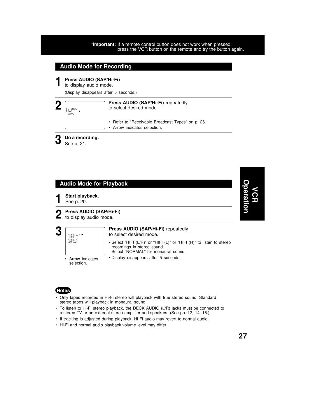 Panasonic PV-D4762 Audio Mode for Recording, Audio Mode for Playback, 1Press Audio SAP/Hi-Fi, To select desired mode 