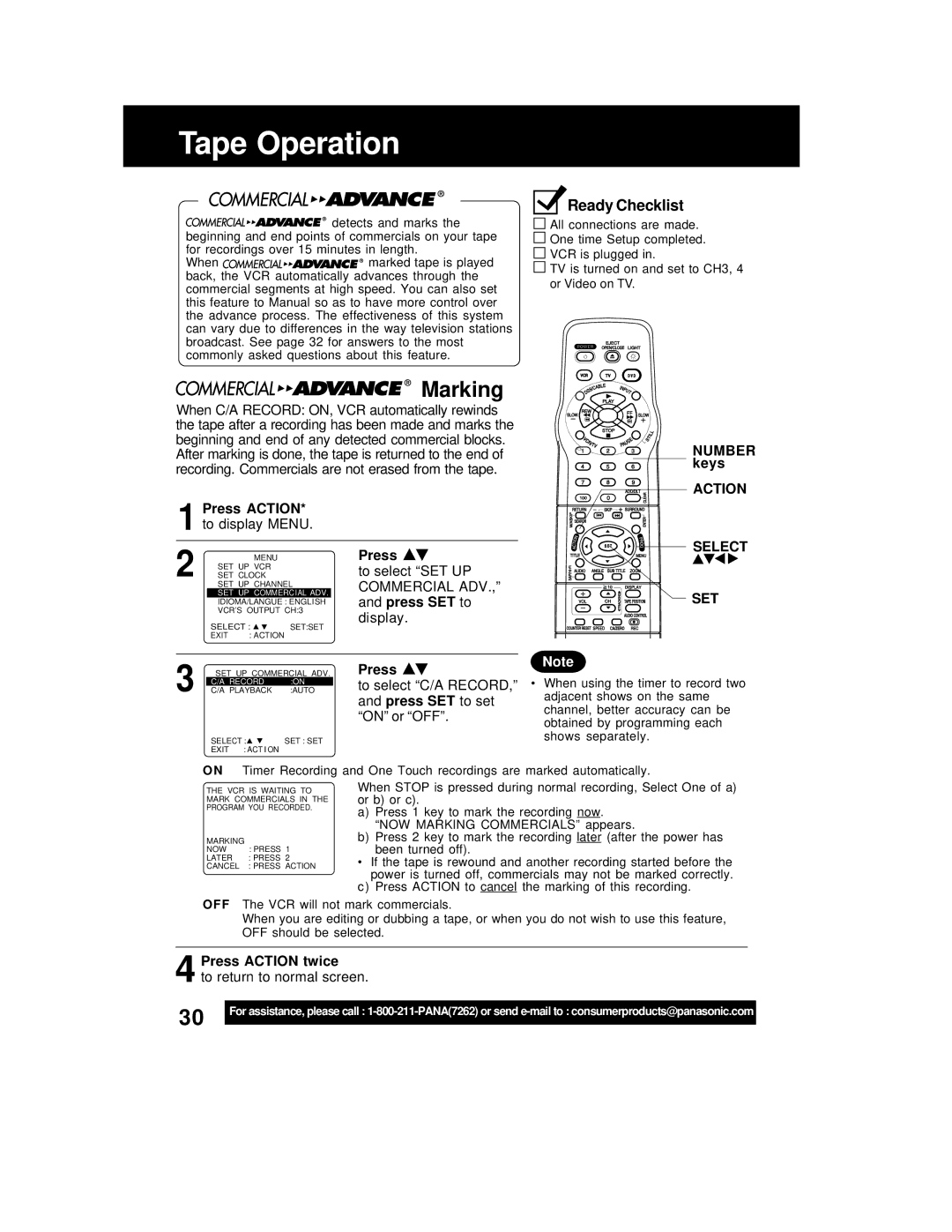 Panasonic PV-D4762 operating instructions Tape Operation, To set, On or OFF, Action Select SET 