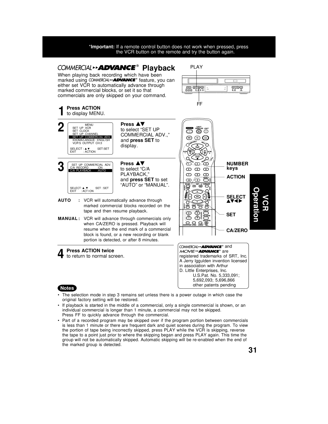 Panasonic PV-D4762 When playing back recording which have been, Auto or Manual, Action Select SET CA/ZERO, Playback 