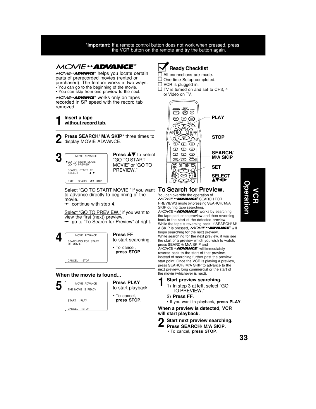 Panasonic PV-D4762 To Search for Preview, Press FF, When the movie is found, Play Stop Search Skip SET Select 