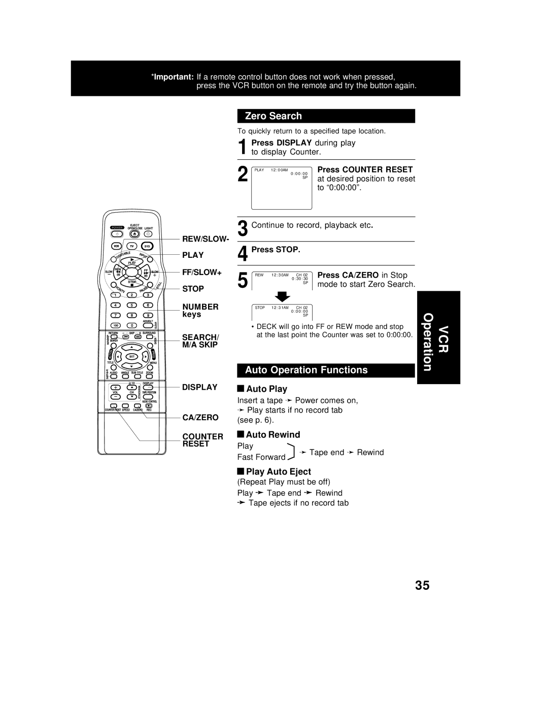 Panasonic PV-D4762 operating instructions Zero Search, Auto Operation Functions, Auto Play, Auto Rewind, Play Auto Eject 