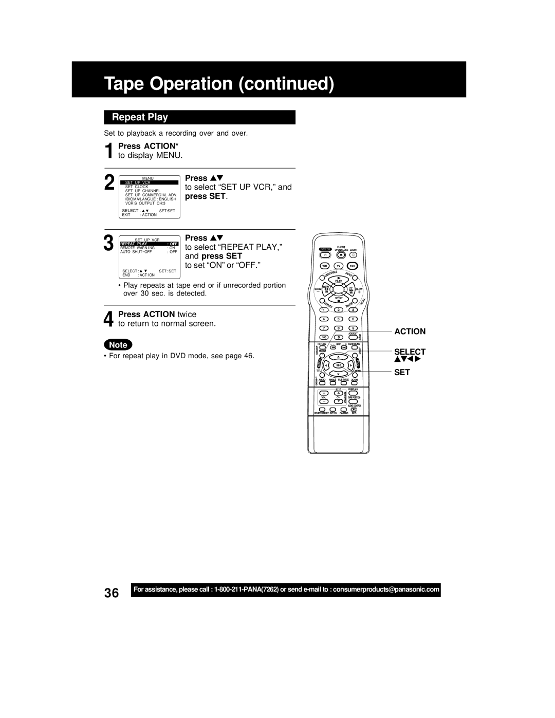 Panasonic PV-D4762 operating instructions To select SET UP VCR, To select Repeat Play, To set on or OFF 