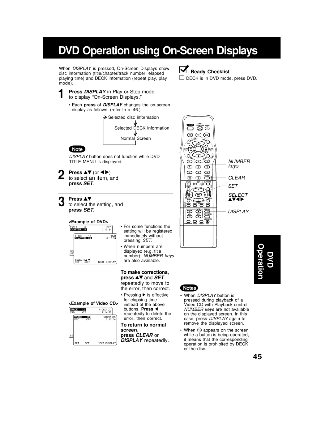 Panasonic PV-D4762 DVD Operation using On-Screen Displays, An item, To make corrections, Error, then correct 