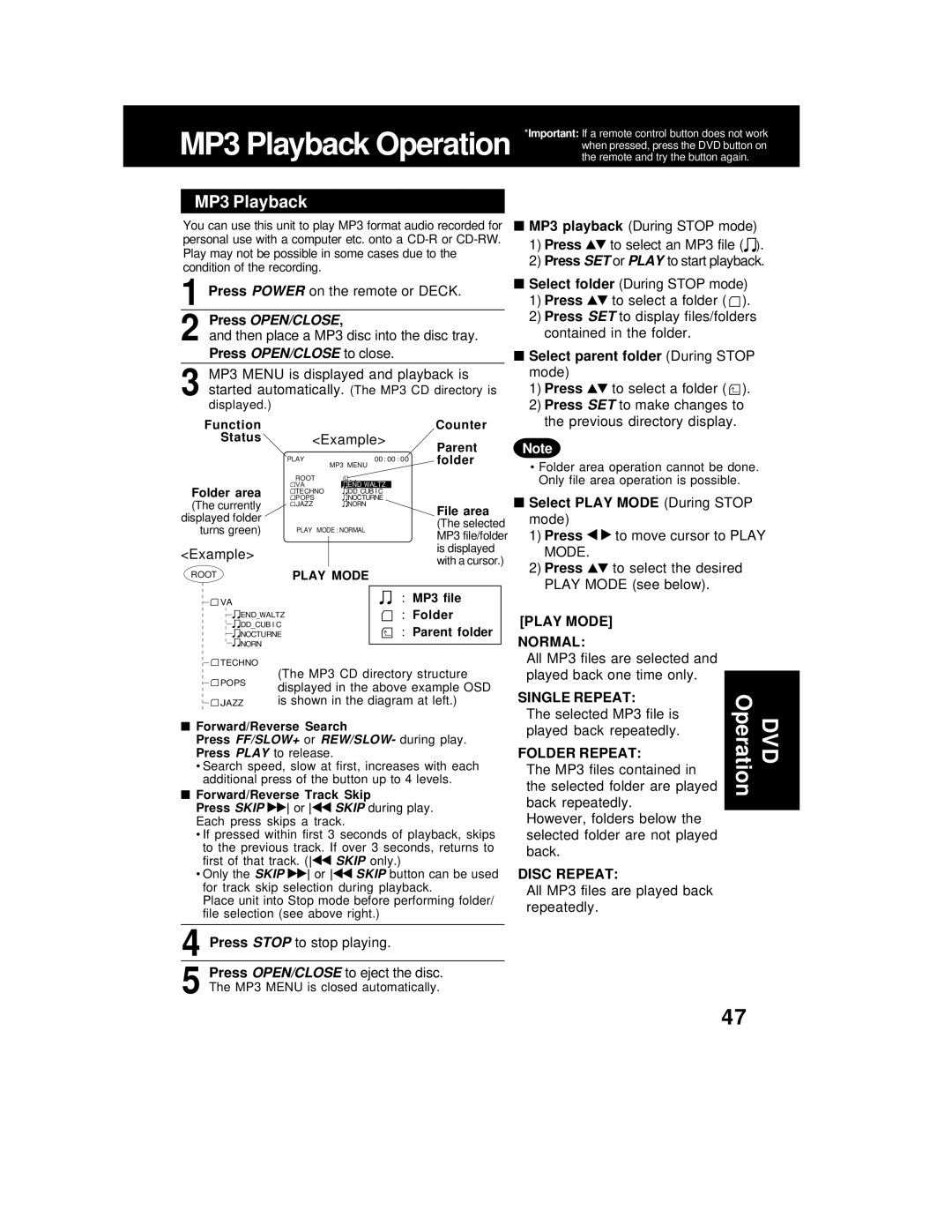 Panasonic PV-D4762 operating instructions MP3 Playback 