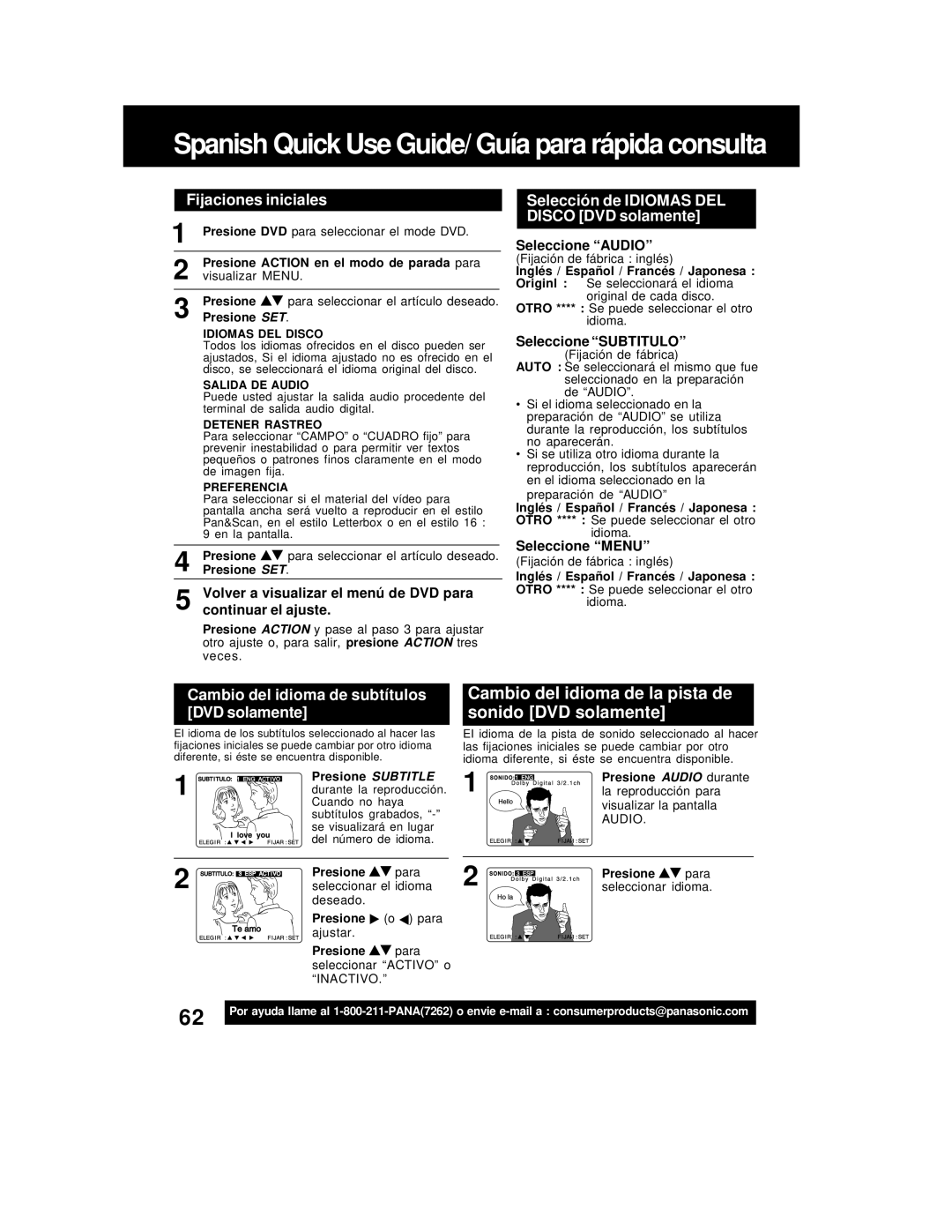 Panasonic PV-D4762 Fijaciones iniciales, Selección de Idiomas DEL Disco DVD solamente, Seleccione Subtitulo 