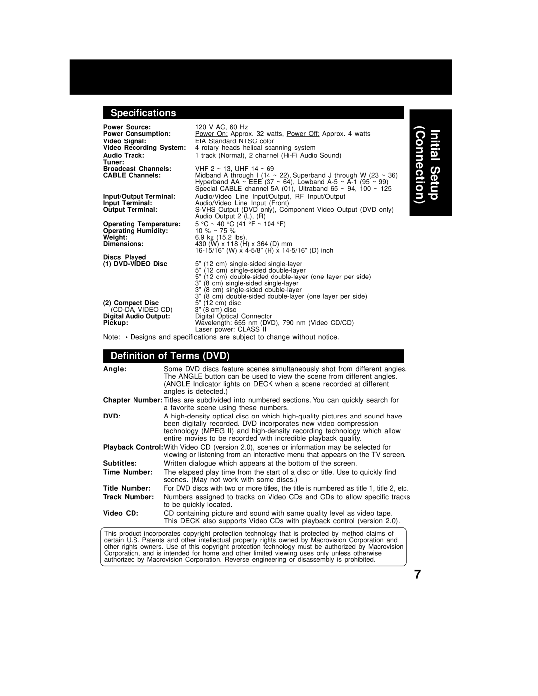 Panasonic PV-D4762 operating instructions Specifications, Definition of Terms DVD 