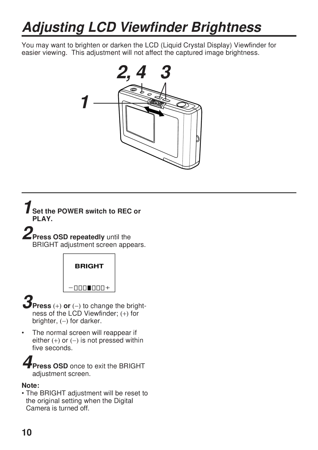 Panasonic PV-DC1000 operating instructions Adjusting LCD Viewfinder Brightness 