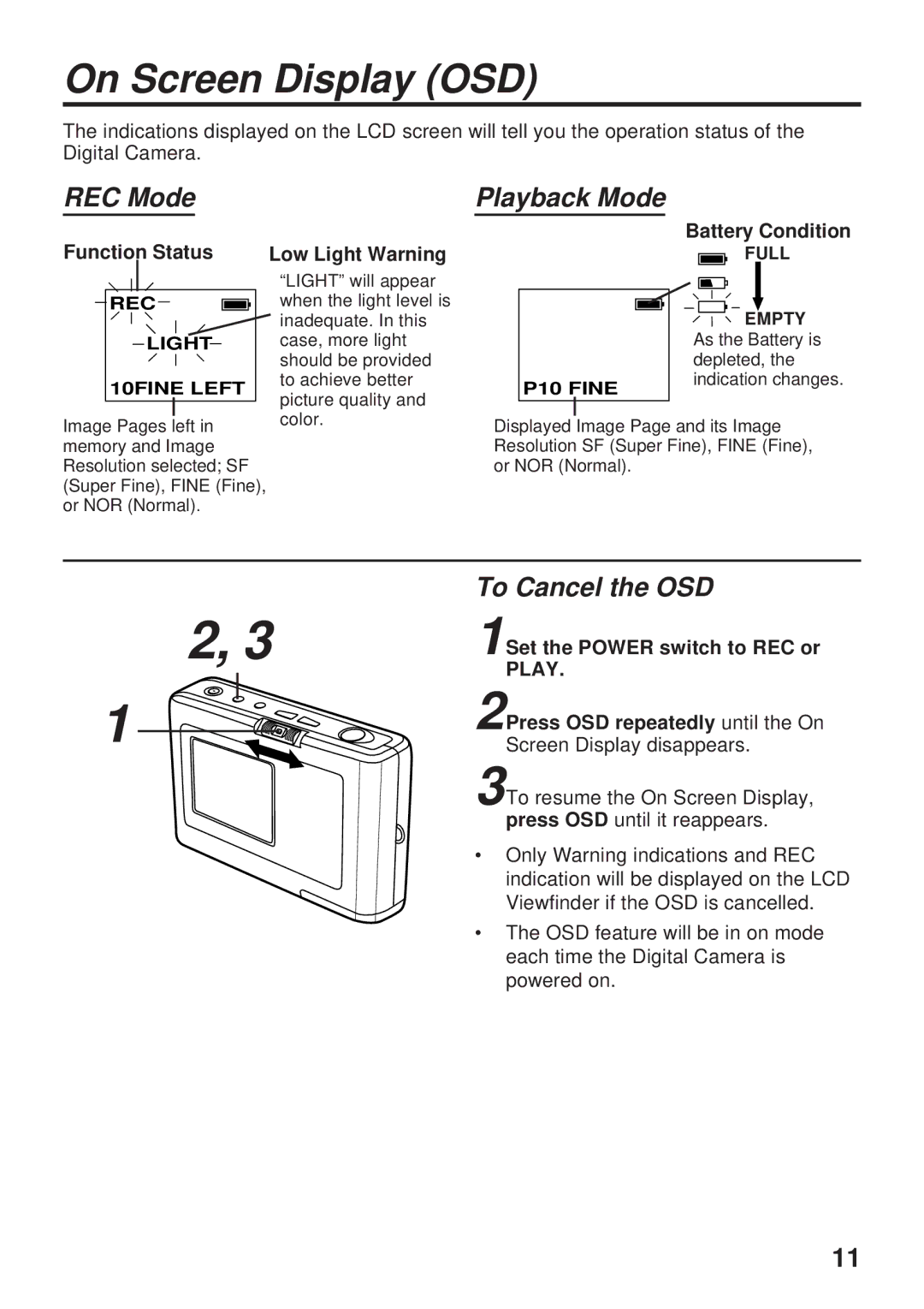 Panasonic PV-DC1000 operating instructions On Screen Display OSD, REC Mode, Playback Mode, To Cancel the OSD 