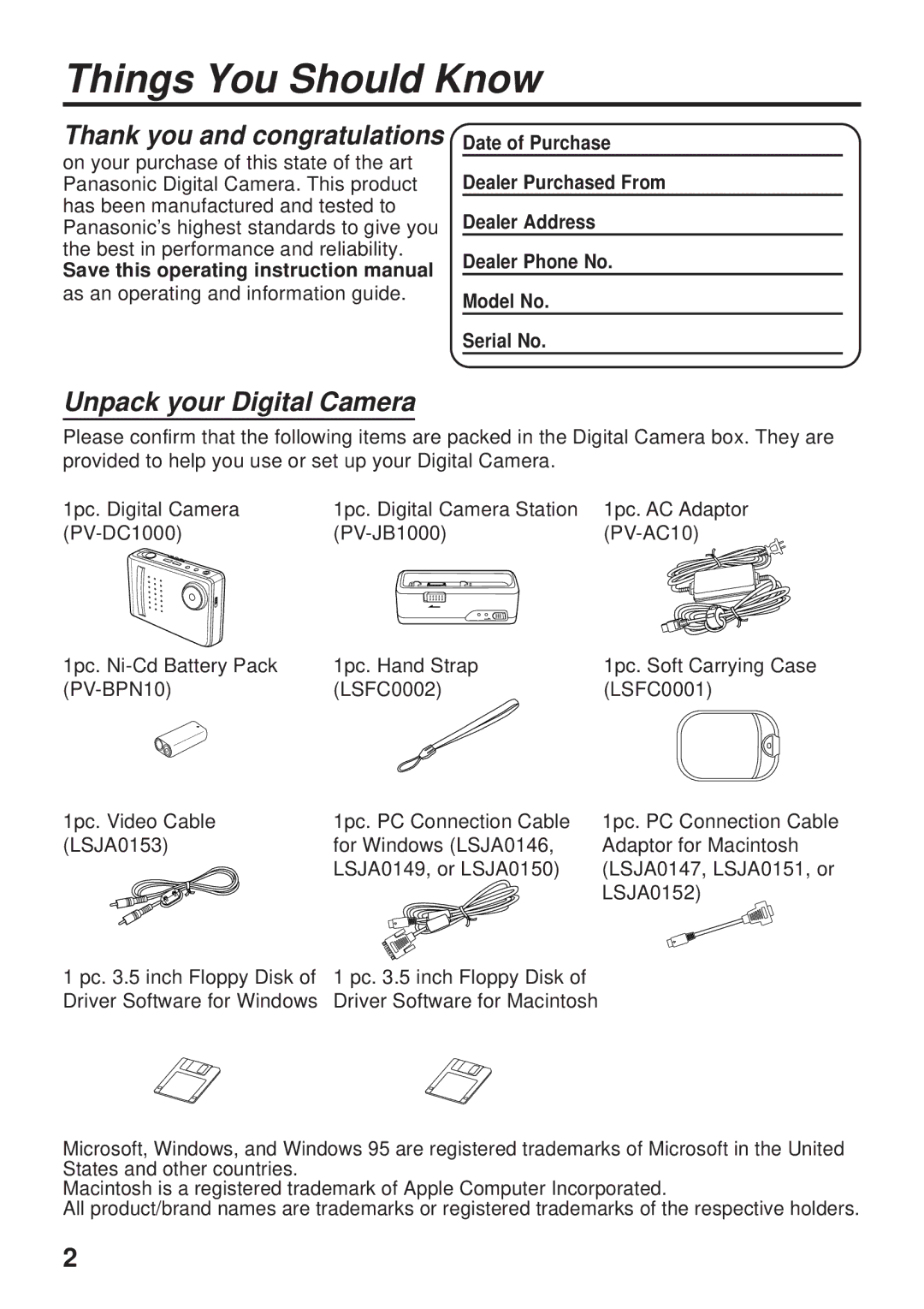 Panasonic PV-DC1000 Things You Should Know, Thank you and congratulations, Unpack your Digital Camera 