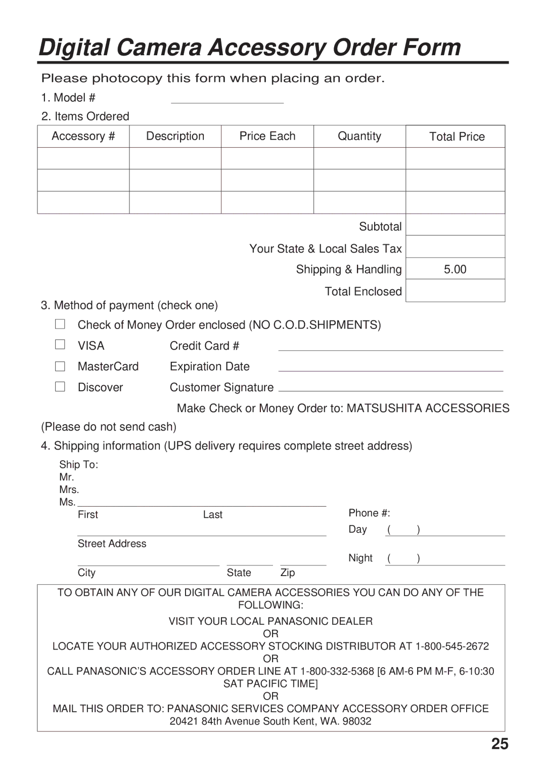 Panasonic PV-DC1000 operating instructions Digital Camera Accessory Order Form, Visa 