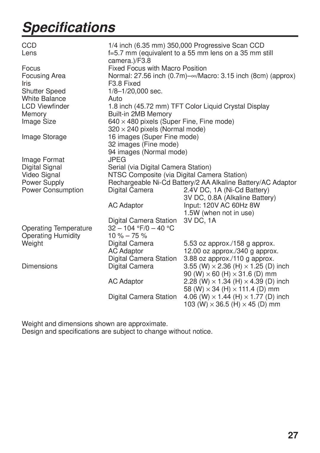 Panasonic PV-DC1000 operating instructions Specifications, Ccd 