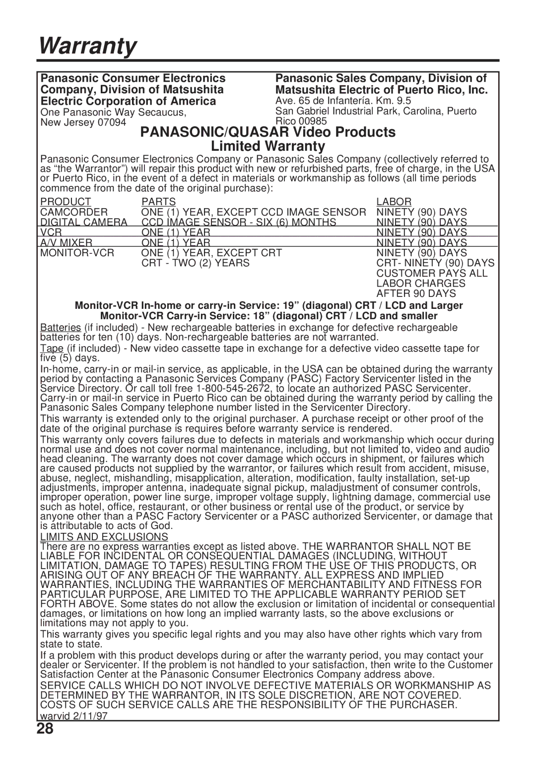 Panasonic PV-DC1000 operating instructions PANASONIC/QUASAR Video Products Limited Warranty 