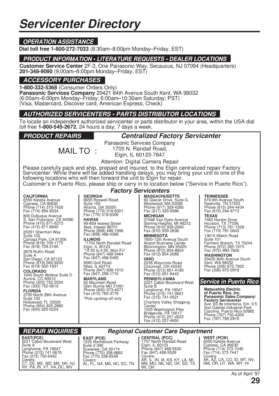 Panasonic PV-DC1000 operating instructions Servicenter Directory, Product Information Literature Requests Dealer Locations 