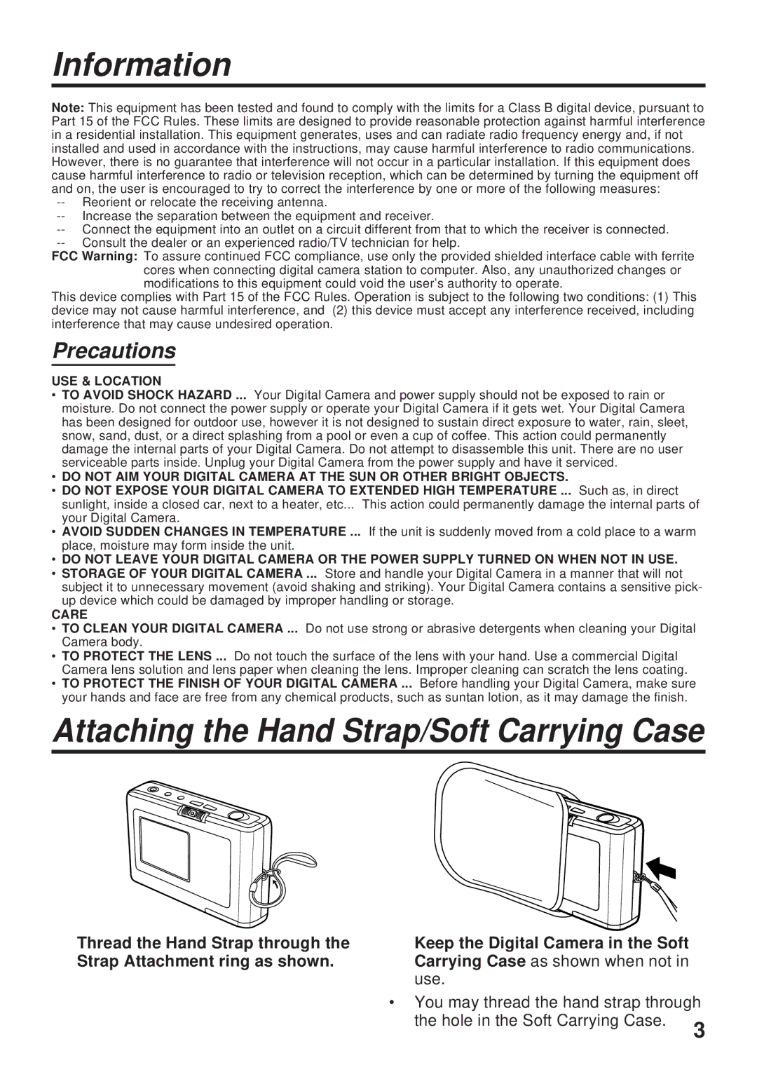 Panasonic PV-DC1000 operating instructions Information, Attaching the Hand Strap/Soft Carrying Case, Precautions 