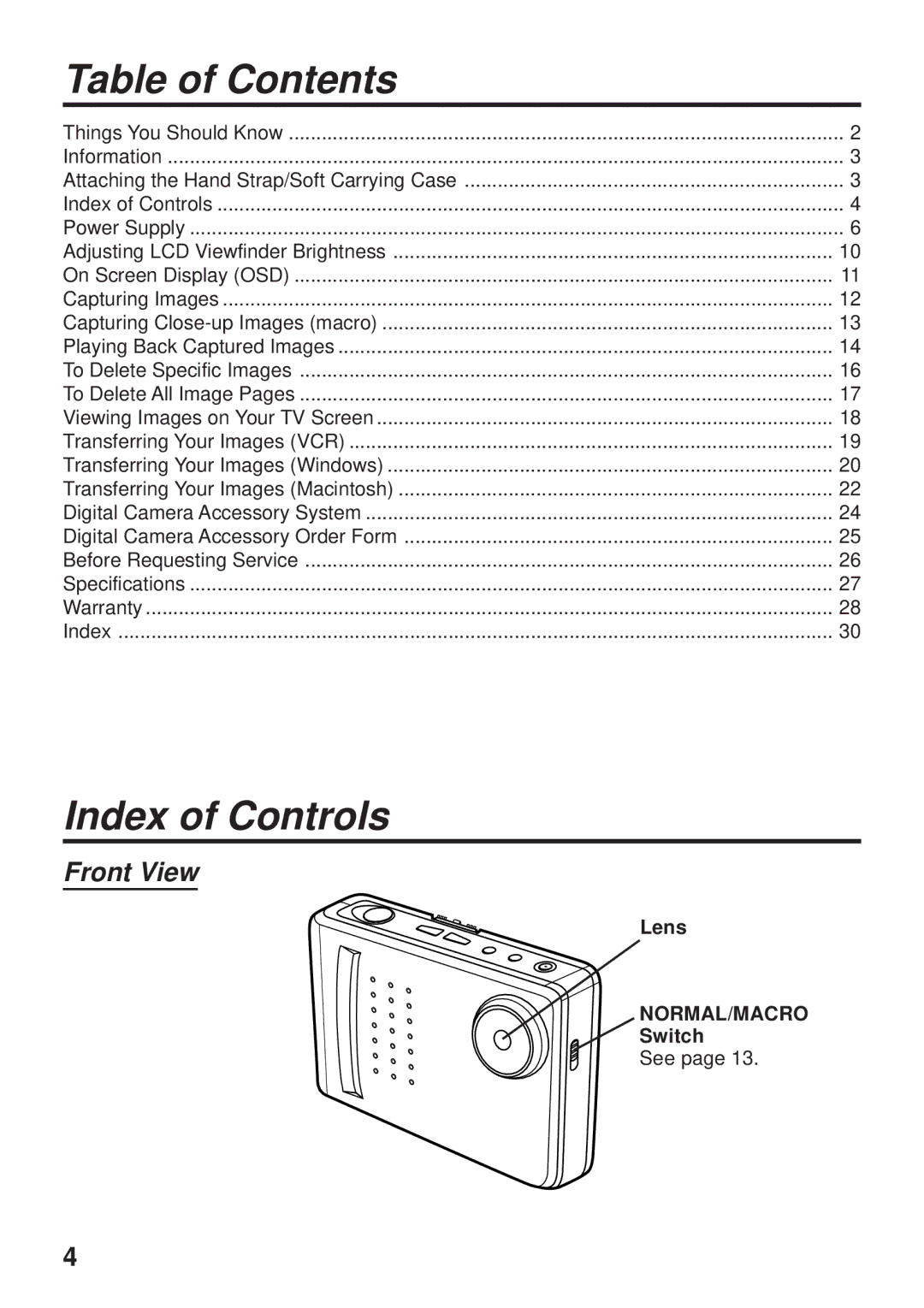 Panasonic PV-DC1000 operating instructions Table of Contents, Index of Controls 